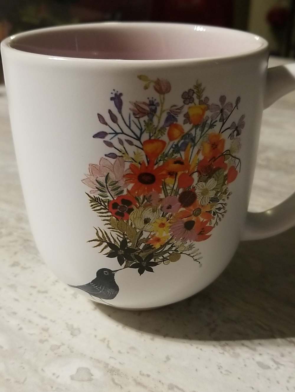 Hallmark White Mug with Pink Interior and Multicolor Floral Bird Motif